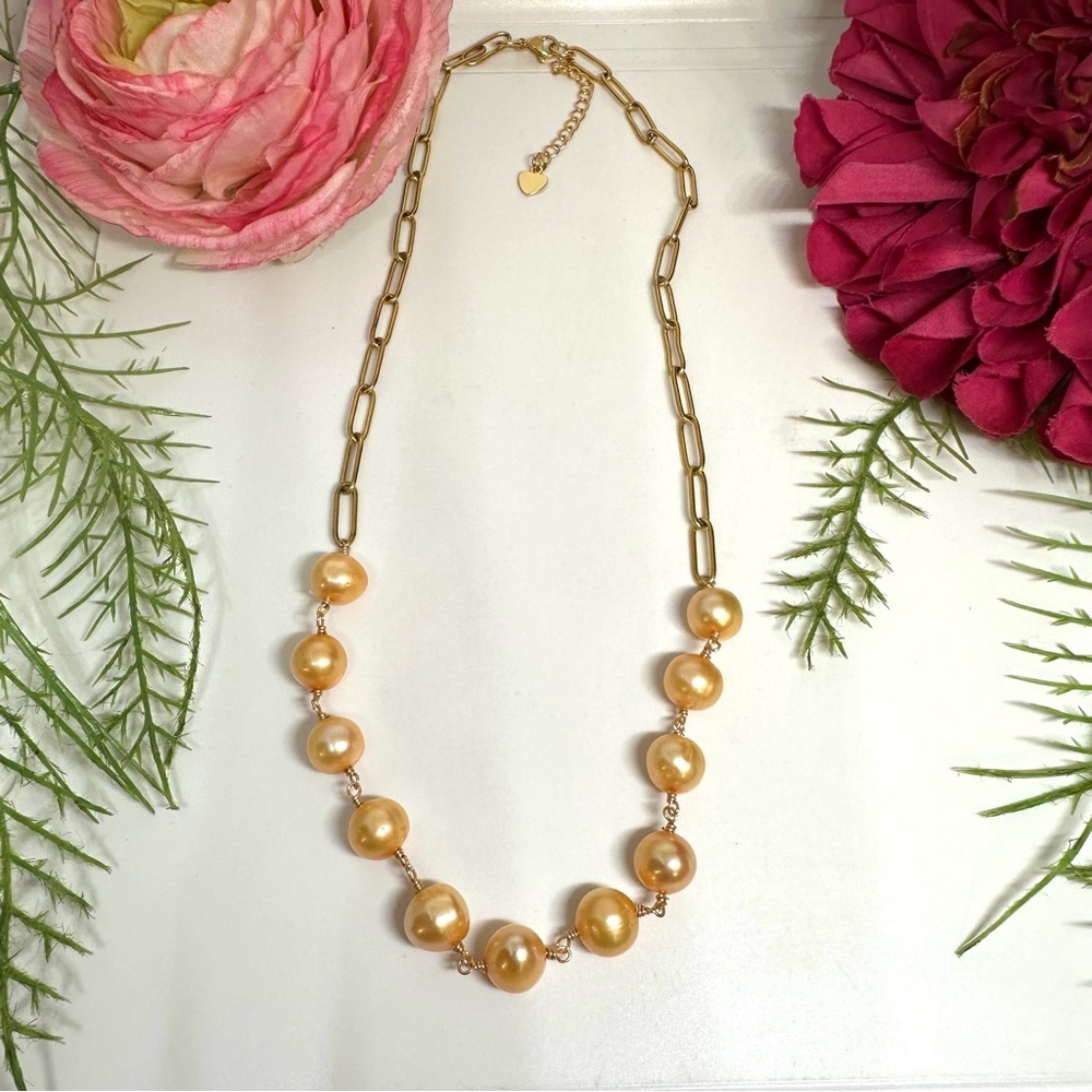 NEW⚜️Freshwater Peach Pearls Chain Beaded Necklace - Picture 4 of 6